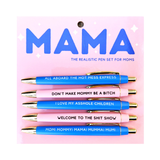 Set of five black ink pens with humorous mom sayings, perfect for gifting and everyday use.