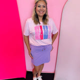 Pink mama graphic tee with colorful polka dot lettering