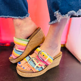 Corky's Manifest multi crochet platform wedge sandals with double buckle straps.