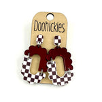 Maroon checkered acrylic dangle earrings with hypoallergenic stainless steel settings.