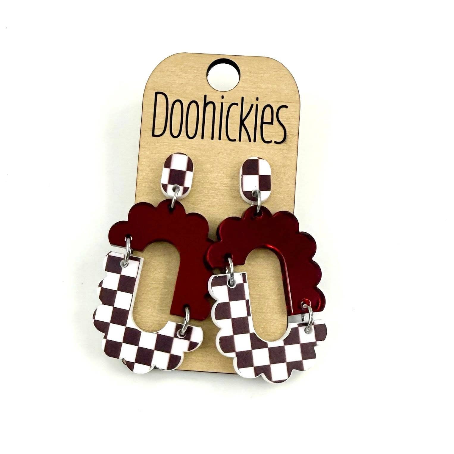Maroon checkered acrylic dangle earrings with hypoallergenic stainless steel settings.