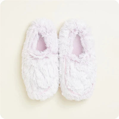 Marshmallow Lavender Warmies microwavable slippers with plush lavender faux fur, memory foam soles, and lavender scent.
