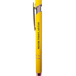 Yellow Maybe Today Satan pen with black lettering and stylus tip.