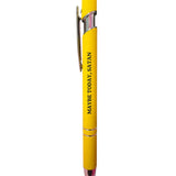 Yellow Maybe Today Satan pen with black lettering and stylus tip.