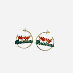 Gold Merry Christmas hoop earrings with red and green lettering and rhinestone accents.