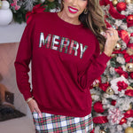 Soft Luxe pullover with festive plaid patch details for holiday styling.