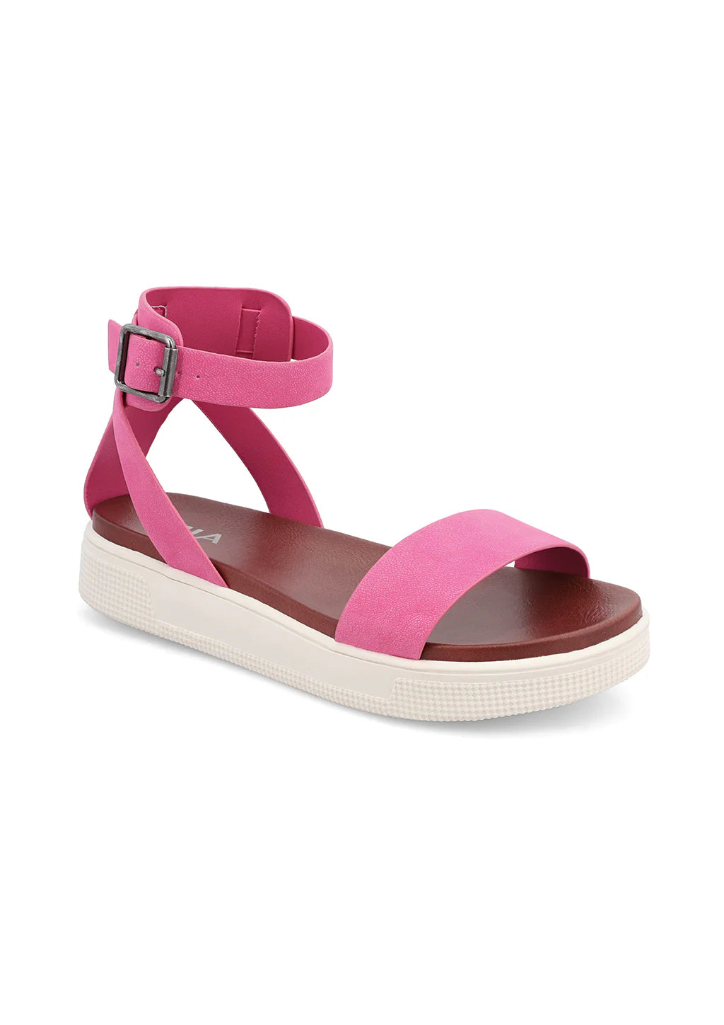 Hot pink sporty Ellen sandals with platform sole and ankle strap.