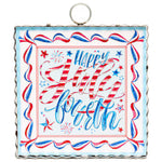 Mini Happy July 4th patriotic metal decor with red white blue design.