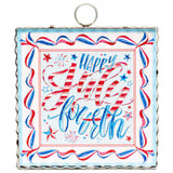 Mini Happy July 4th patriotic metal decor with red white blue design.