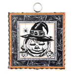 Smiling jack-o'-lantern in witch hat with pumpkins, spider, and spiderweb border with orange scalloped edge