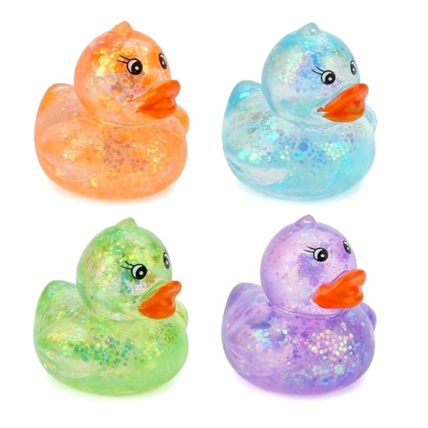 Mini glitter duck squishy with sparkling finish and soft texture.