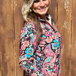 Black paisley print pullover with kangaroo pocket and relaxed fit.