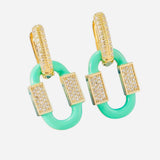 Mint enamel oval earrings with gold rhinestone hoops and geometric design.