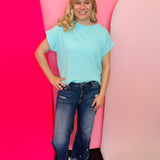 Mint raised ribbed cap sleeve top with boat neckline and relaxed boxy silhouette