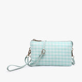 Mint gingham crossbody bag with multiple compartments and adjustable strap