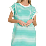 Mint and white striped tee dress with contrast neckline and cap sleeves