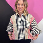 Mixed gingham and striped button down top with puff sleeves and chest pocket