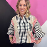 Mixed gingham and striped button down top with puff sleeves and chest pocket