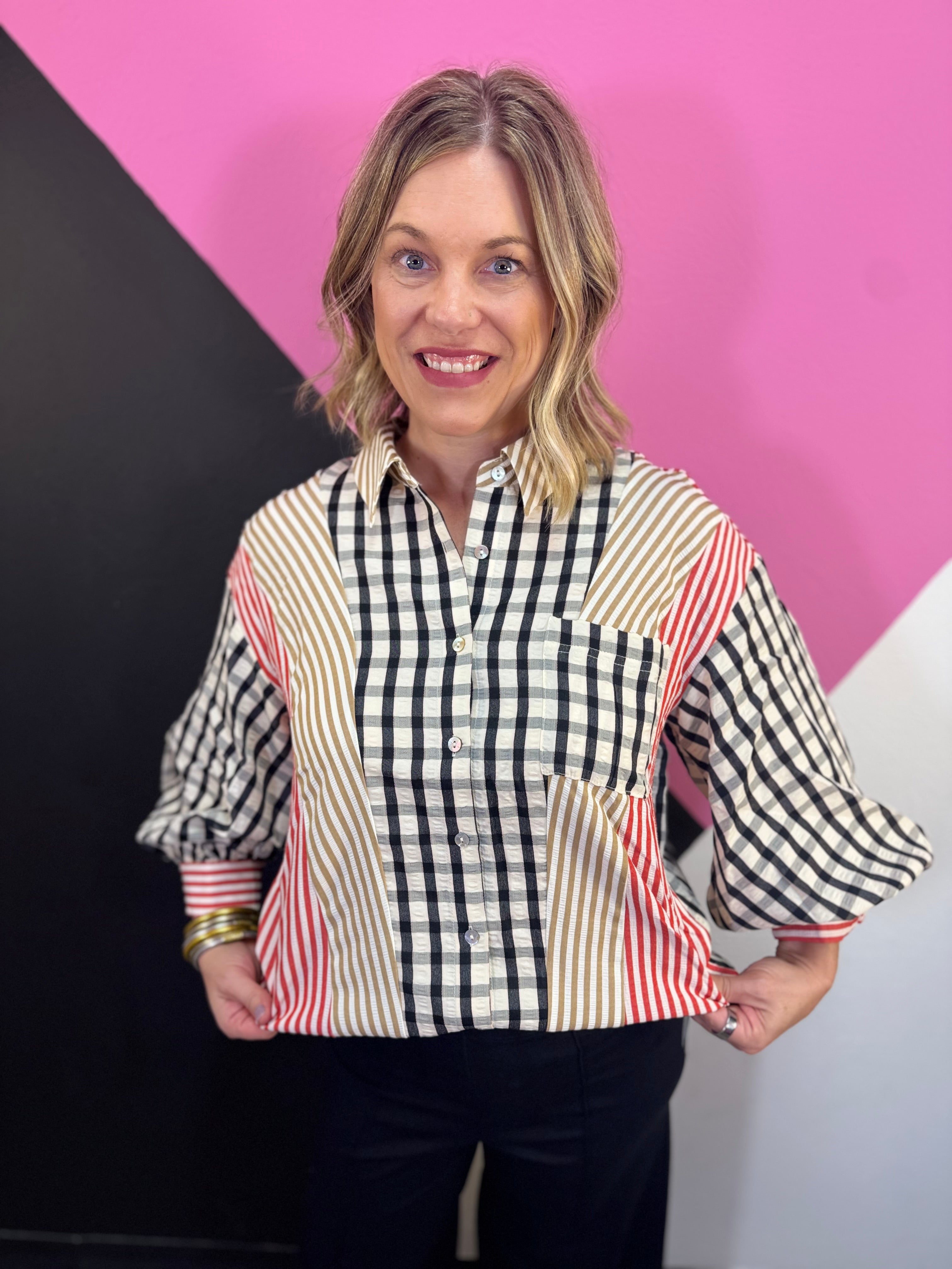 Mixed gingham and striped button down top with puff sleeves and chest pocket