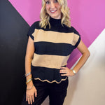 Mocha and black striped mock neck sweater with drop shoulders and contrasting scalloped hem.