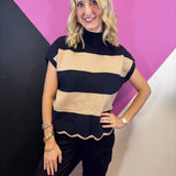 Mocha and black striped mock neck sweater with drop shoulders and contrasting scalloped hem.