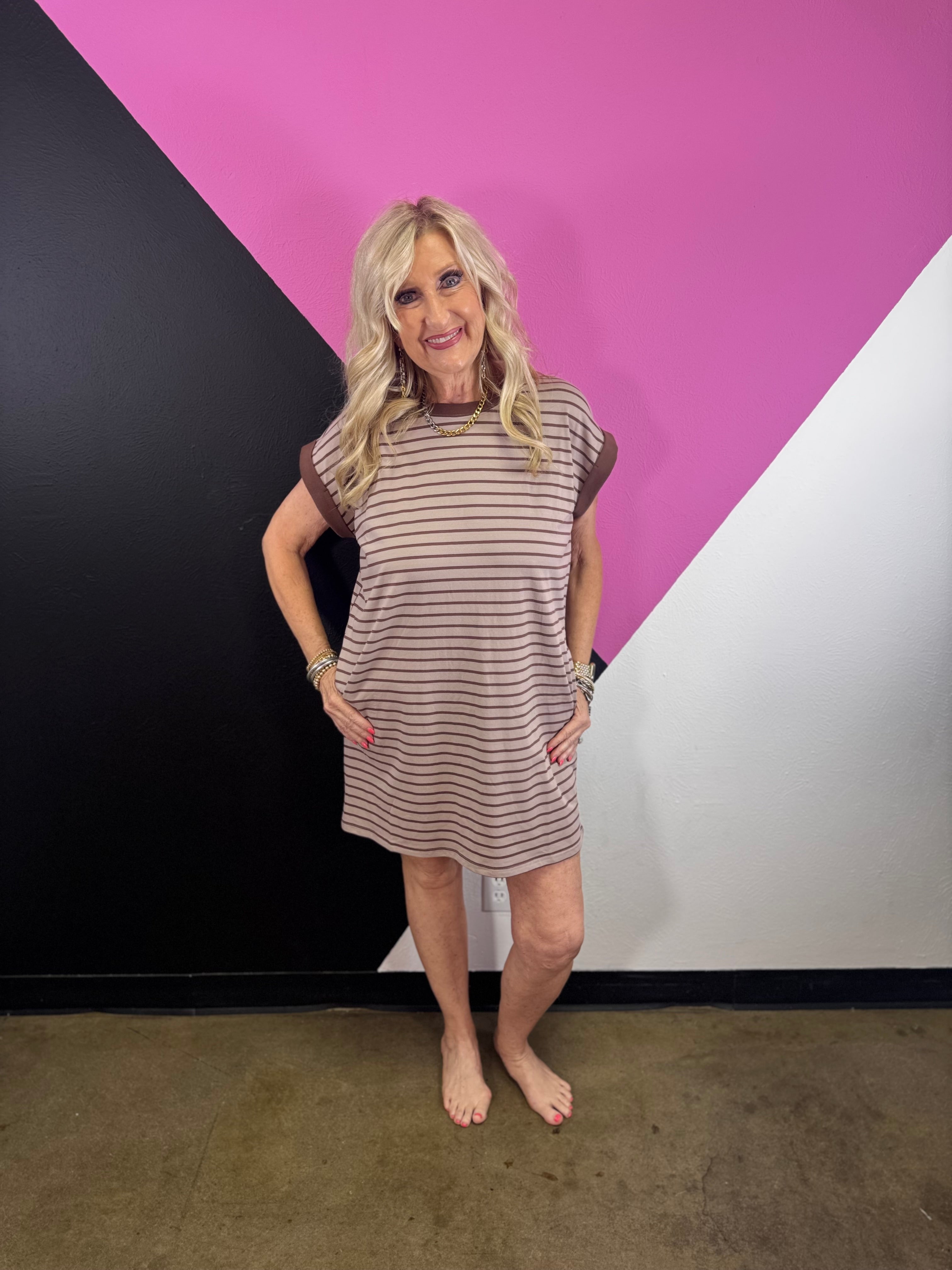 Mocha brown and white striped tee dress with contrast trim and side pockets