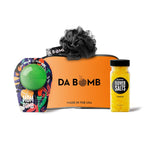 Mom Bath Bomb Gift Set available in honeysuckle and white tea scents with bath bomb, loofah, bath salts, and reusable Mom zipper bag for a relaxing self-care gift