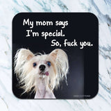 Funny coaster with sarcastic quote and absorbent neoprene material