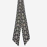 Black and ivory twilly scarf with bold geometric maze print.