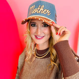 Denim “Mother Knows Best”  hat with rust brim, polka dots, and embroidered back icons.