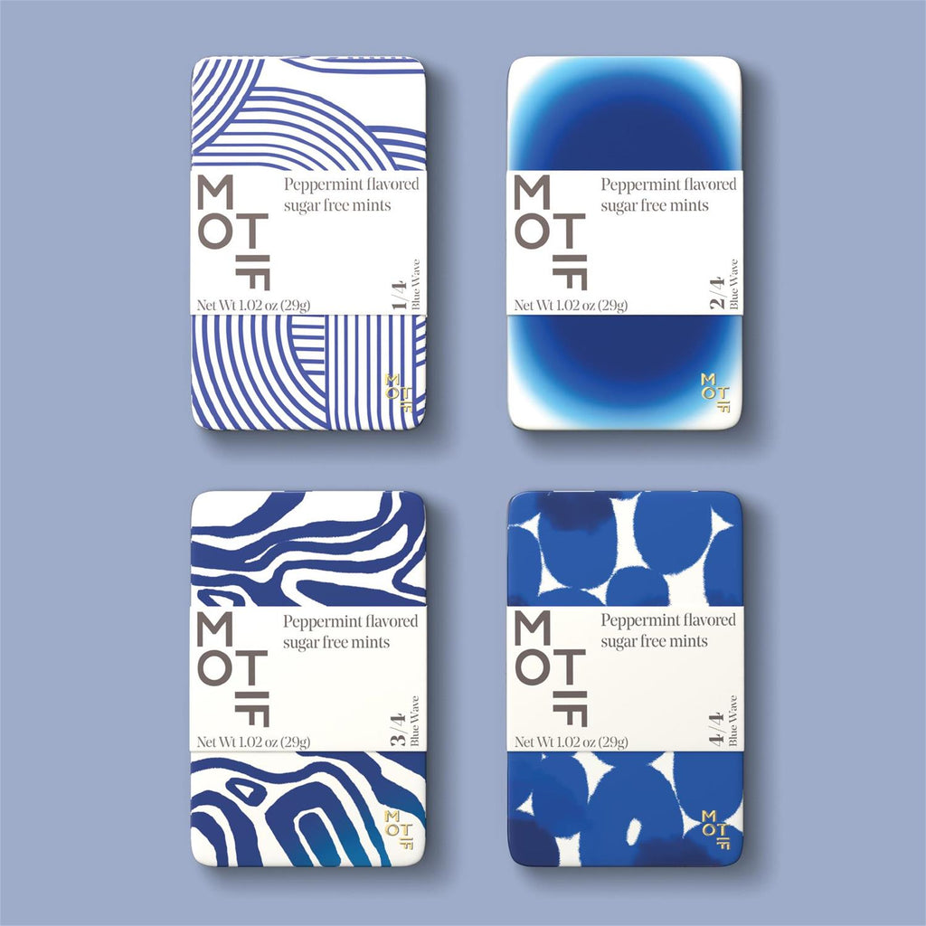 Blue Wave Motif sugarfree mint tin with blue and white abstract design.