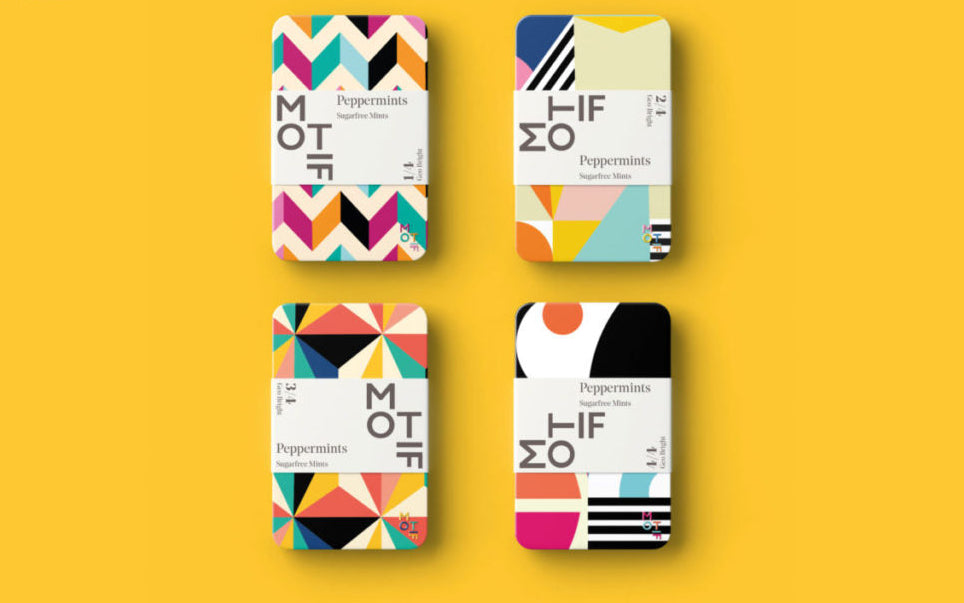 Geo Bright Motif sugarfree mint tin with colorful geometric design.