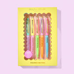 Colorful motivational pen set with affirmation sayings and matching ink colors.