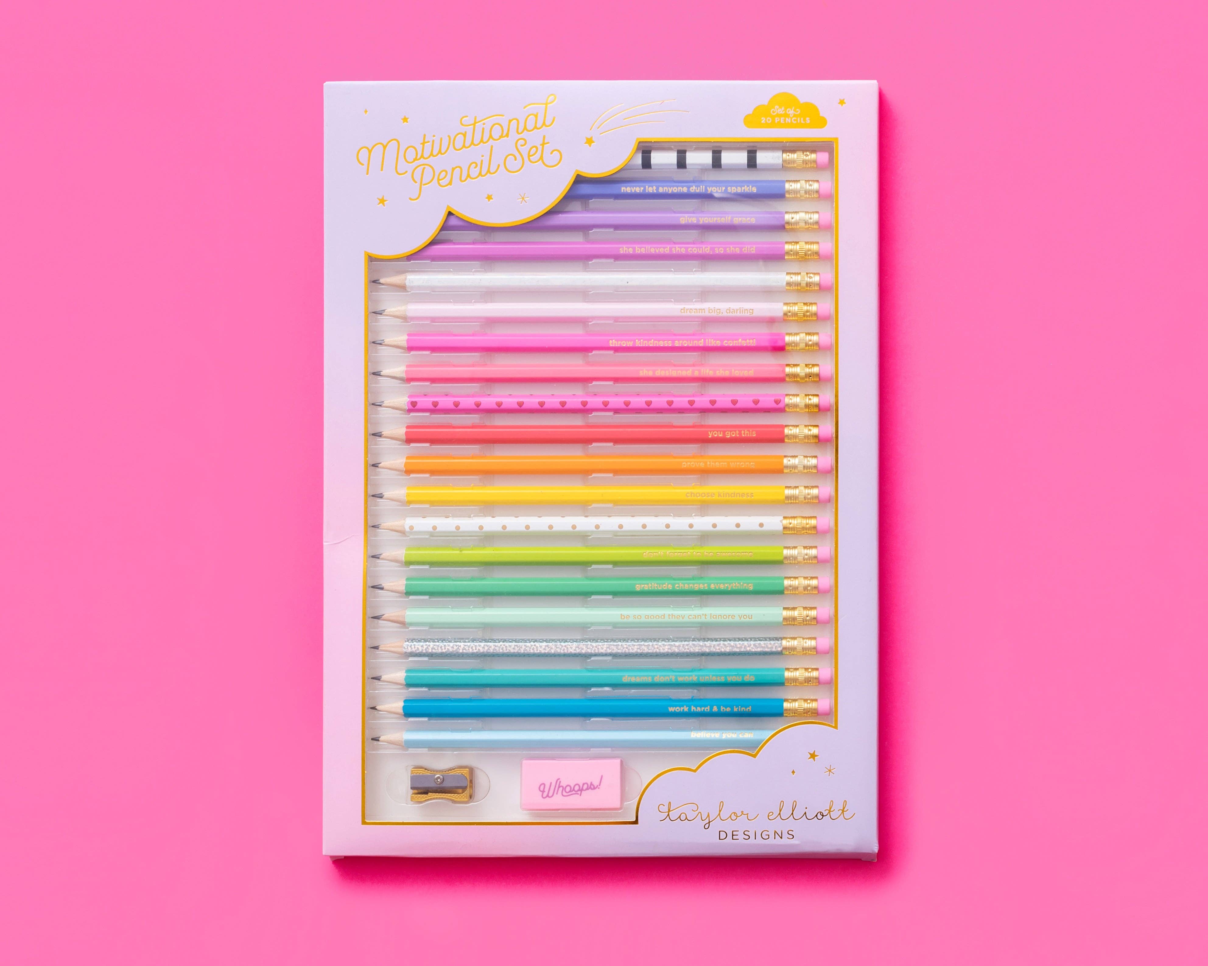 Colorful motivational pencil set with gold foil sayings and gift box.