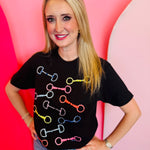 Black western tee with colorful rhinestone horse bit pattern