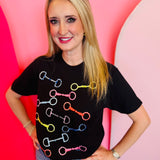 Black western tee with colorful rhinestone horse bit pattern