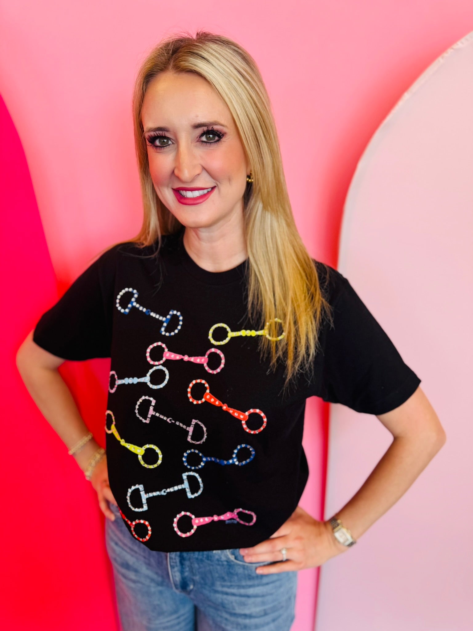 Black western tee with colorful rhinestone horse bit pattern