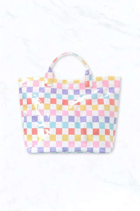 Multicolor checkered glossy tote bag in purple, yellow, pink, blue, and red.
