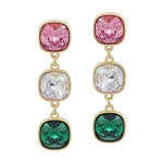 Triple drop earrings with oversized pastel pink, green, and clear rhinestones in rounded edge squared shapes.