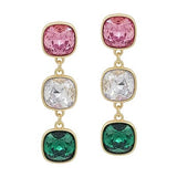 Triple drop earrings with oversized pastel pink, green, and clear rhinestones in rounded edge squared shapes.