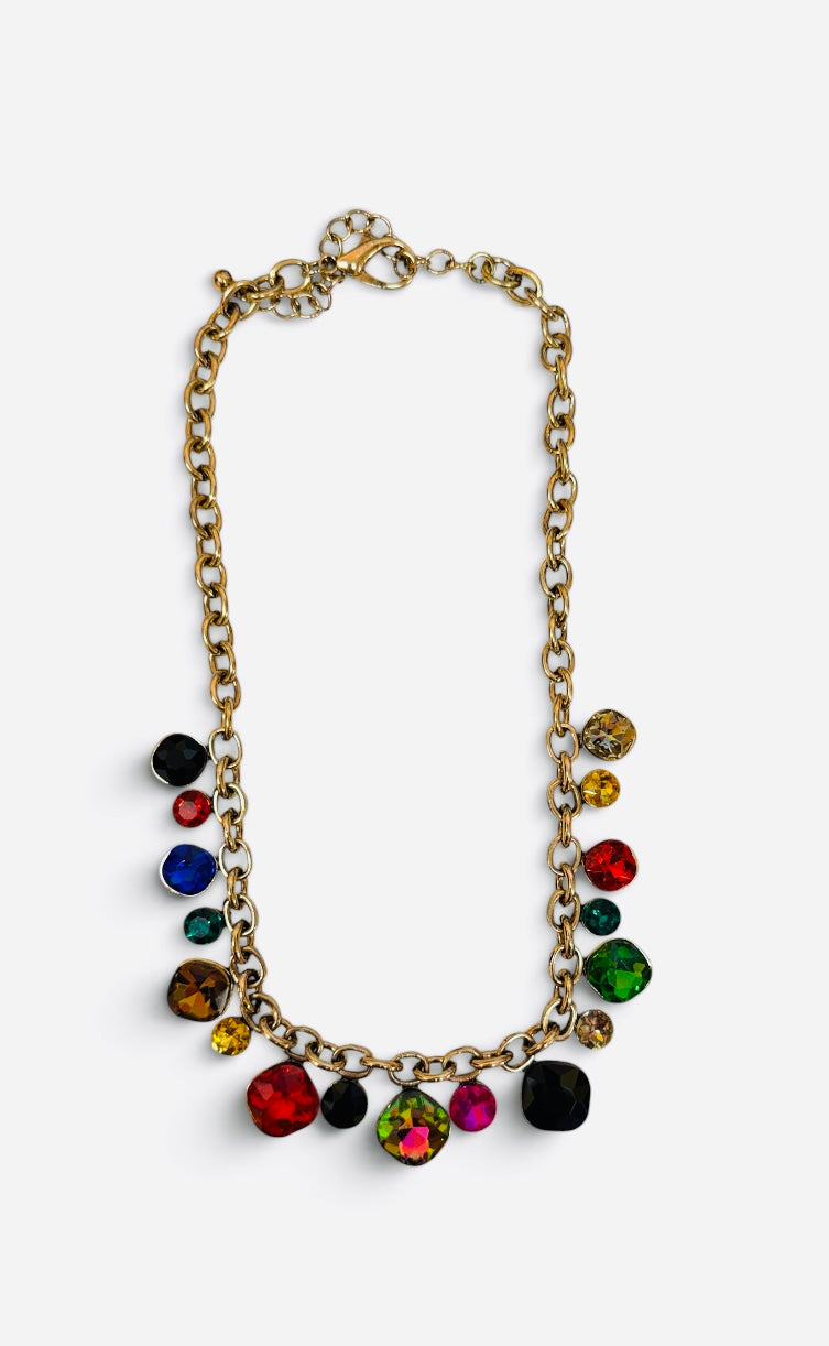 Gold-tone chain necklace with multicolor faceted crystal drops.