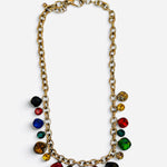 Gold-tone chain necklace with multicolor faceted crystal drops.