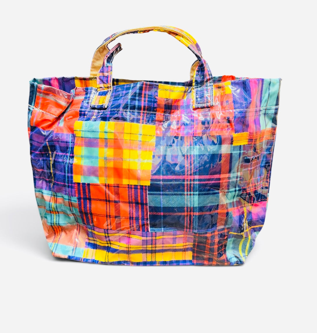 Glossy PVC tote bag with bright multicolor orange, purple, blue, yellow, teal, and pink plaid.