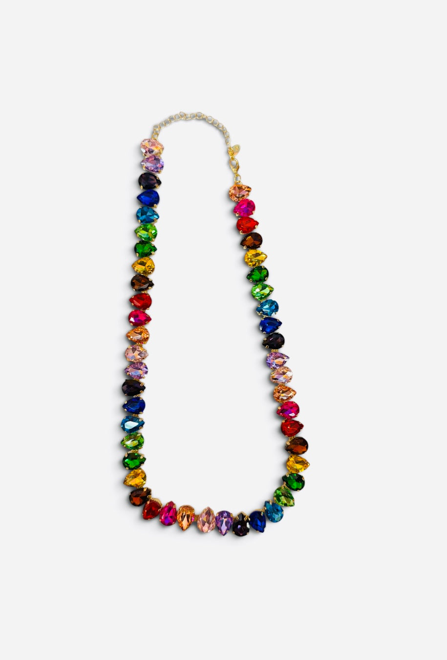 Gold-tone necklace with multicolor faceted teardrop crystals in vibrant jewel tones.