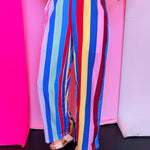 Multicolor stripe pants with wide leg silhouette and elastic waistband.