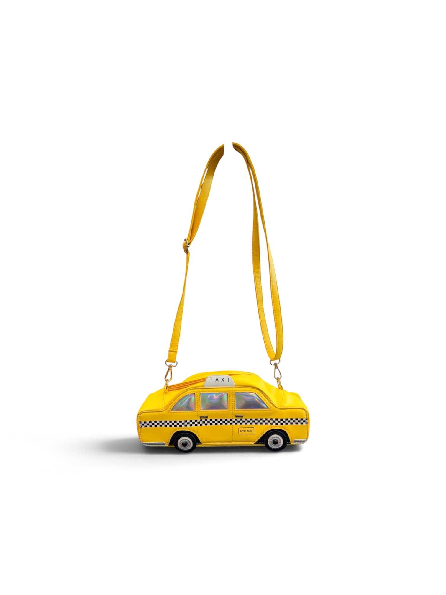 Bright yellow NYC taxi crossbody bag with checkerboard details, wheels, and iridescent windows.