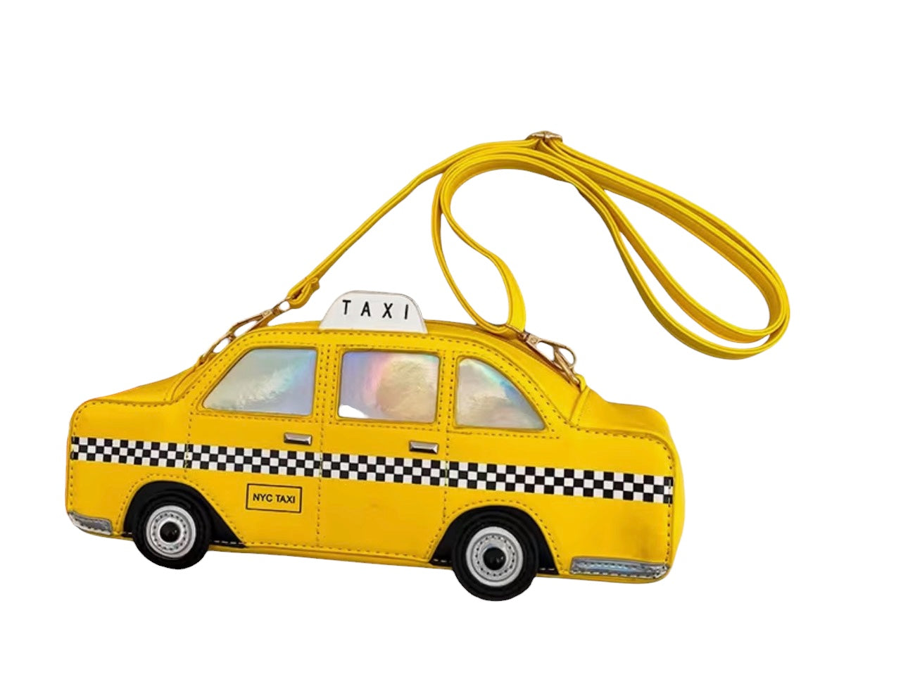 Bright yellow NYC taxi crossbody bag with checkerboard details, wheels, and iridescent windows