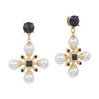 Black post-back earrings with pearl accent and black cross dangle, 1¾-inch length.