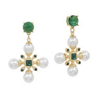 Gold post-back earrings with pearl accent and emerald cross dangle, 1¾-inch length.