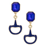 Gold horsebit earrings with navy enamel and rhinestone stud detail